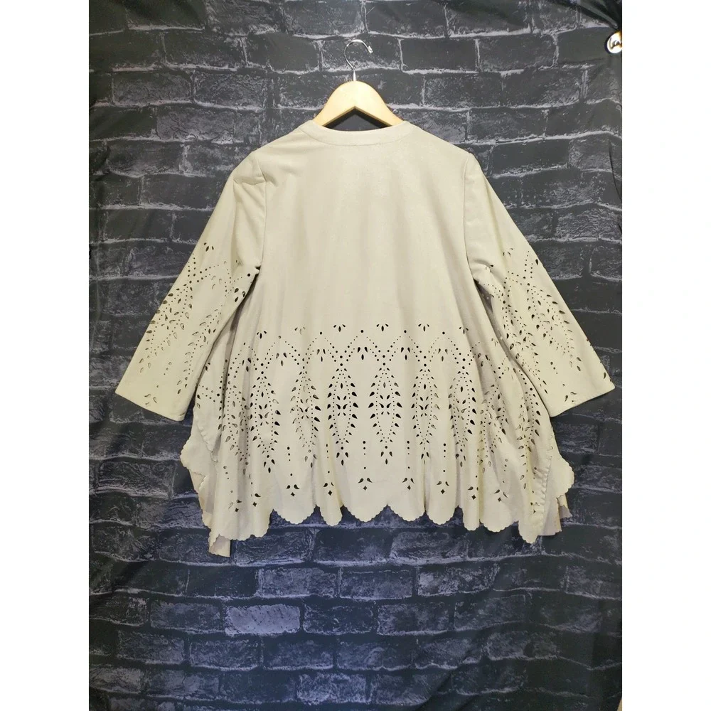 Chicos Faux Suede Open Front‎ Cardigan Womens S Tan Laser Cut Scalloped Hem Boho